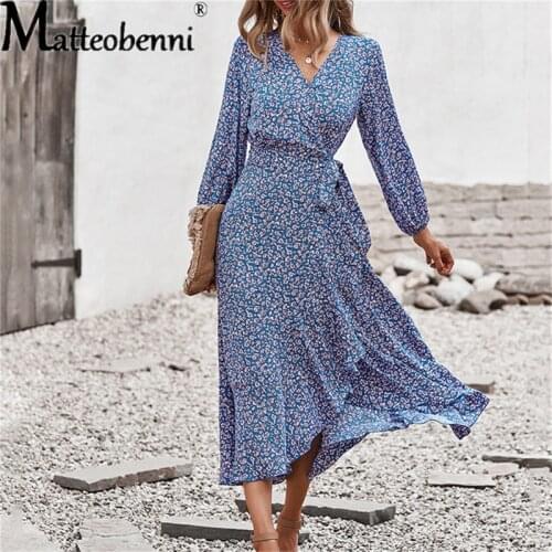 Autumn Beach Maxi Dress V-Neck Cotton Long Sleeve Holiday Casual Dress Floral Print Boho Split Bandage Party Dress Robe Femme