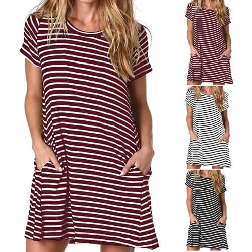 Summer dress 2021 Women Short Sleeve O-Neck Printing Pocket Plus Size Sleep Dresses Loose Dress casual dress Midi dress