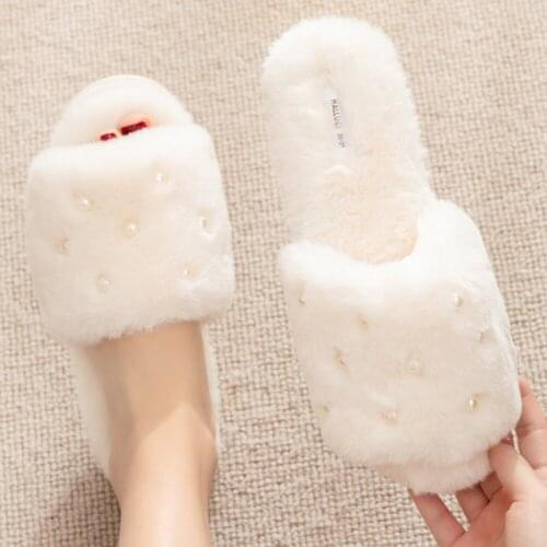 Winter Indoor Home Women Slippers Open-Toe Flat Women Shoes Lovely Pearl Chain Ladies Slides Female Sandals House Slippers hh75