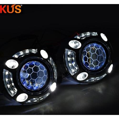 2 Pieces 2.5 Inch Blue Coating Honeycomb Bi Xenon HID Projector Lens DRL LED Angel Eye Shroud Mask retrofit H7 H4 Car Motorcycle