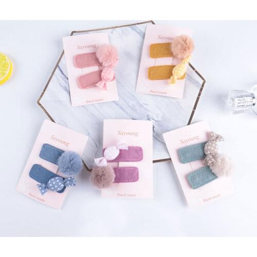 2Pcs Cute Kid Girls Snap Hair Clips Candy Tandem Ball Pompom Hairpins Barrettes Headwear Baby Children Hair Accessories Headwear