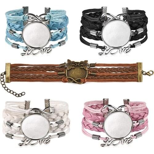 5pcs Leather Gems Bangle Bracelet for Women Blank Base Setting Fit 25mm Glass Cabochon Bezel Tray DIY Jewelry Making Findings