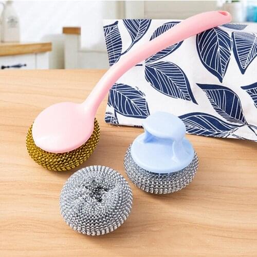 6/10pcs Wire Ball Brush With Long Handle Pan Cleaning Brush Dish Handle Washing Brush Stainless Steel Wire Ball Kitchen Cleaner