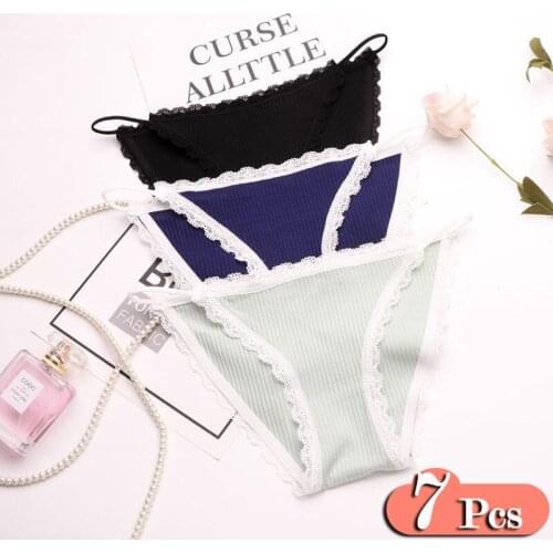 7Pcs/Lot Japan Style Lace Cotton Seamless Cute Soft Girls Underwear Striped Patterned Sexy Briefs Women Lingerie Thongs Set