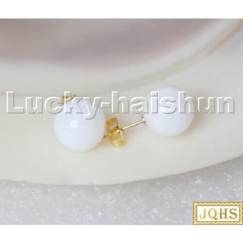 AAA natural Studs 10mm round white Jade beads Earrings 14K gold post c302