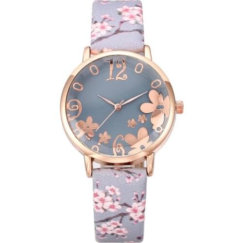 Girl Luxury Watch Women New Fashion Embossed Flowers Small Fresh Printed Belt Dial Female Student Quartz Watch