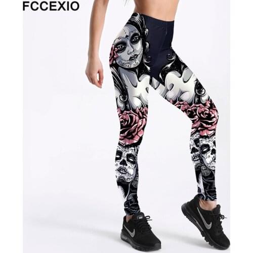 FCCEXIO Whosale Women Workout Leggings High Waist Fitness Legging Skull Witch Print Leggins Female Leg Pants Large Size Leggings