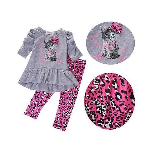 Kids Baby Girls Cat Printed T-shirt Tops Dress+Leopard Pants 2PCS Outfits Set