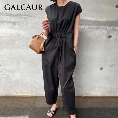 GALCAUR Black Casual Jumpsuit For Women Round Collar Sleeveless High Waist Ruched Loose Pencil Pants Female Korean Fashion New