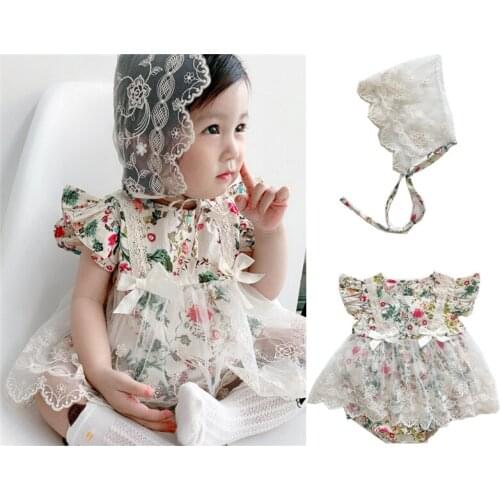 Summer Baby Girl Bodysuit Korean Cotton Flower Printed Bow Tie Flying Sleeve Lace Mesh Western Style Triangle Creeping Suit 0-3