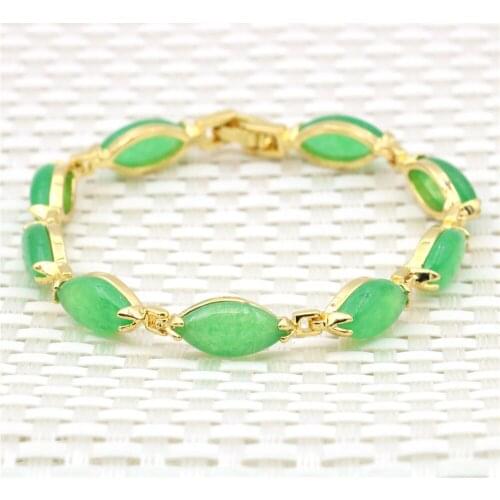 Marquise Shape Green Jades Emeralds Bracelet Chalcedony Natural Stone Women Girls Jewelry Hand Ornament Alloy