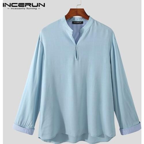 2021 Men Cotton Shirt Solid Color Stand Collar Long Sleeve Streetwear Harajuku Casual Men Clothing Vintage Loose Camisas INCERUN