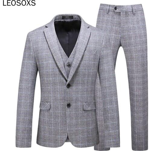 Gray Brown Plaid Suit Men Slim Fit High Quality Mens Wool Suits Three Piece Formal Dress Suit Male 6XL Big Size