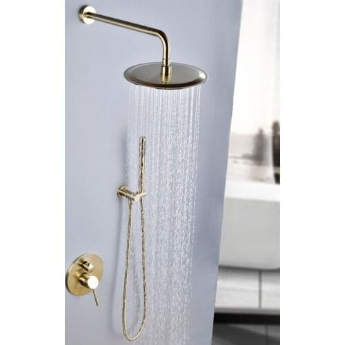 Bathroom Shower Faucet Set Brass Rainfall Shower Faucet Hot & Cold In-Wall Mixer Tap 10 Inches Head With Handheld Brushed Gold