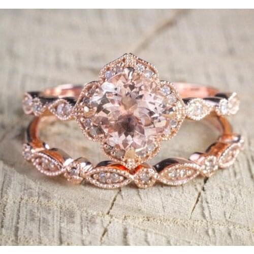2 PCS/Set Luxury Cubic Zircon Wedding Rings Set for Woman Charm Female Rose Gold Color Party Finger Jewelry