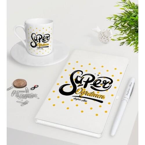 Personalized Super Teacher White Notebook Pen Turkish coffee Cup Seti-1