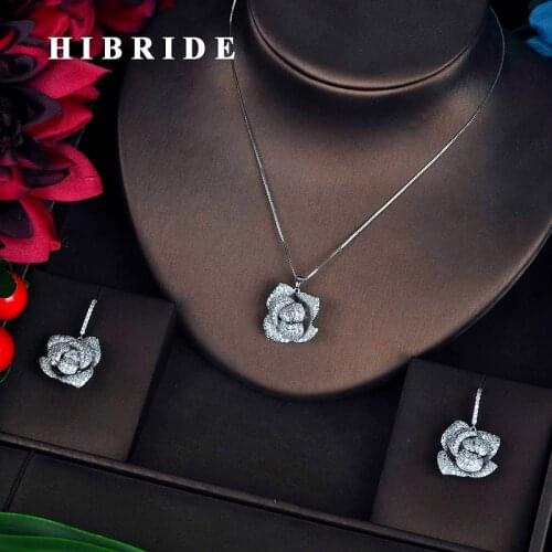 HIBRIDE Luxury Silver Color Flower Pendientes Bridal Women Jewelry Sets Girls Earring Necklace Accessories Engagement Gift N-622