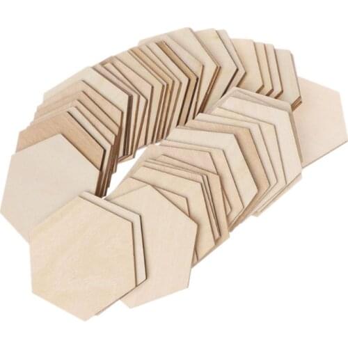 77JA 50pcs Hexagon Laser Cut Unfinished Wooden Discs Embellishments Arts Crafts DIY Birthday Wedding Display Decor 60mm
