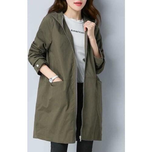 Womens Trench Coat Female Spring Autumn Coat Long Sleeve Hooded Zipper Large Size Mid-Length Outerwear Windbreaker
