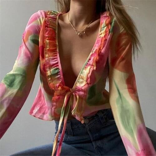 Unaiza 2021 V Neck Y2K Print Long Sleeve Crop Top Women Ruffles Summer Spring Casual Bandage Beach Sexy T Shirts