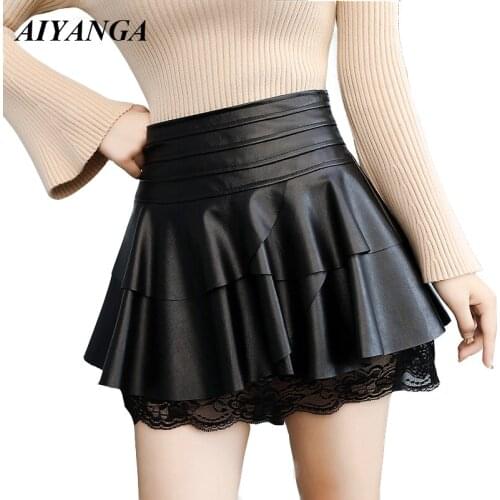PU Skirts Women 2018 Autumn Winter Faux Leather Skirts Ladies Patchwork Lace High Waist Short Skirt Black Chic England Style