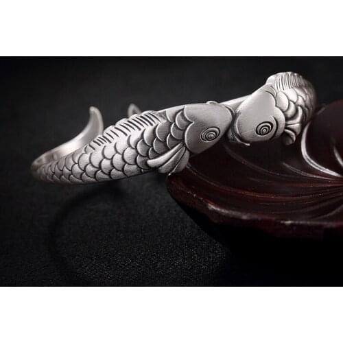 999 silver retro matte carp open bangle sterling silver versatile high-end bracelet for men and women