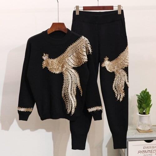2020 Autumn Spring Set Women Fashion Sequins Beading Phoenix knitted Sweater + Casual 2 Piece Set Women Loose Knit Pants H537