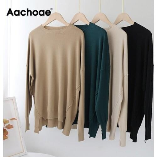 Aachoae O Neck Solid Pullover Sweater Women Hem Irregular Stylish Chic Sweaters Lady Batwing Long Sleeve Knitted Sweater Female