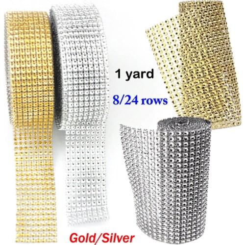 1 Yard/91.5cm DIY Silver Gold Color Diamond Mesh Rhinestone Wraps Ribbon Crystal Roll Trim Sparkle Mesh Wrap for Wedding Decor
