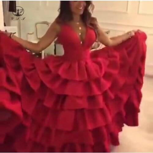 2021 Fashion Red Deep V Neck Sleeveless Tiered A Line Prom Dresses