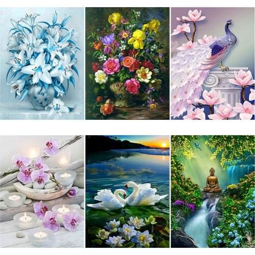 DIY 5D Diamond Painting Flower Diamond Embroidery Cross Stitch Landscape Mosaic Full Round Drill Rhinestones Wall Art Home Decor