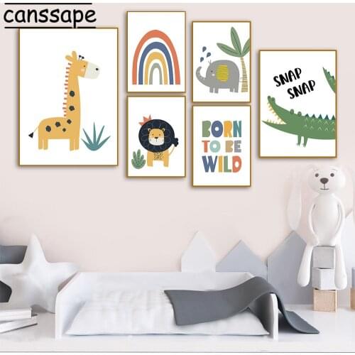Nursery Wall Art Print Elephant Lion Painting Rainbow Canvas Poster Crocodile Giraffe Paintings Quotes Pictures Kids Room Decor
