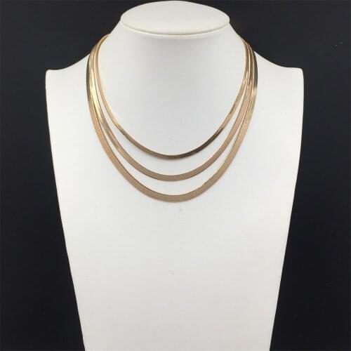 Classic Gold Color Plating Trio Flat Snake Chain Two Clasp Layered Necklace For Women Girl Elegant Delicate Basic Office Jewelry