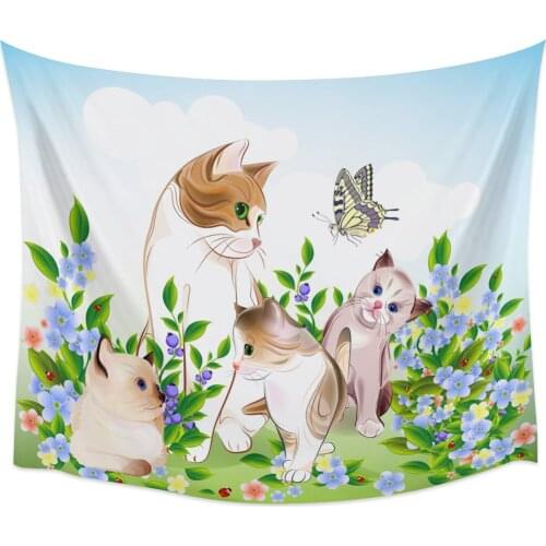 Cartoon Cat Flowers And Butterflies Wall Tapestry Home Wall Decor Tapestry Cover Beach Towel Picnic Mat Yoga Mat