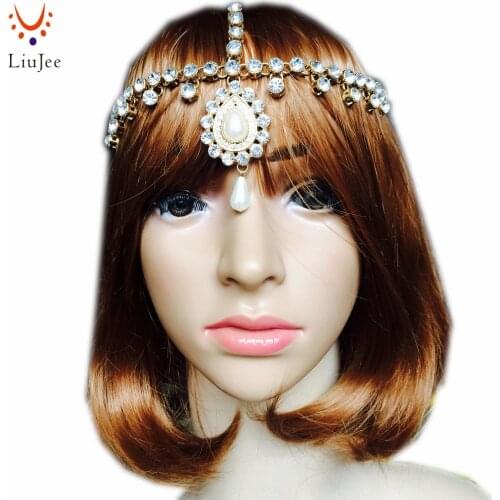 LiuJee KD103 Crystal Kundan Indian Wedding Jewelry Matha Patti Tikka Head Chain Bollywood Grecian Hijab Jewellery Bridal Party