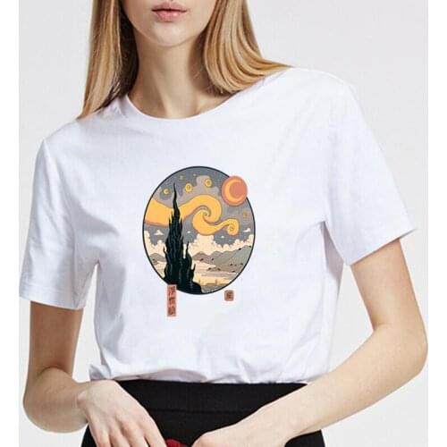 Fashion Starry Ukiyo-e Night Print T Shirt Women Tops Summer Vintage Casual Short Sleeve Tshirt Harajuku Shirt Tee Shirt Femme