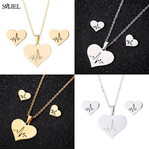 Fashion Minimalist Smooth Heart Shaped Pendant Necklace Tiny Heartbeat Earrings Wedding Jewelry Set For Women New Year Gifts