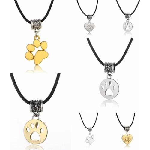 Trendy Animals Memorial Necklaces Hollow Cute Pet Paws Print Claw Heart Pendant Leather Chain Necklace Women Dog Cat Lovers Gift