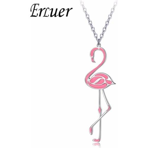 ERLUER Fashion Jewelry New Pink Black Flamingo Necklace For Women Cute Bird Animal Enamel Charming Long Pendant Metal Necklace