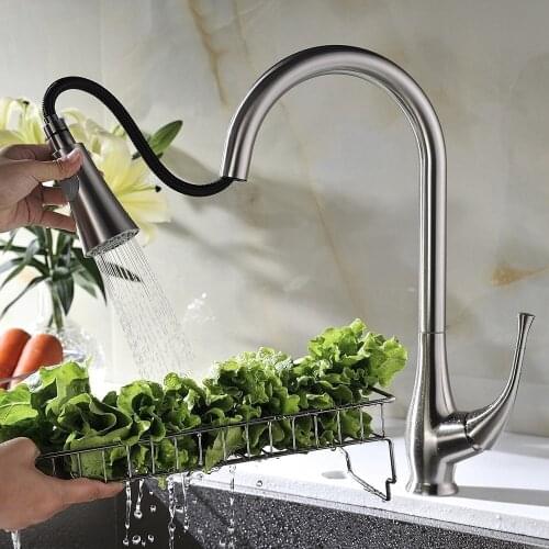 Single Lever High Arc Pull Down Kitchen Faucet, Brushed Stainless Steel Single Handle Pull Out Sprayer Kitchen Mixer Faucet