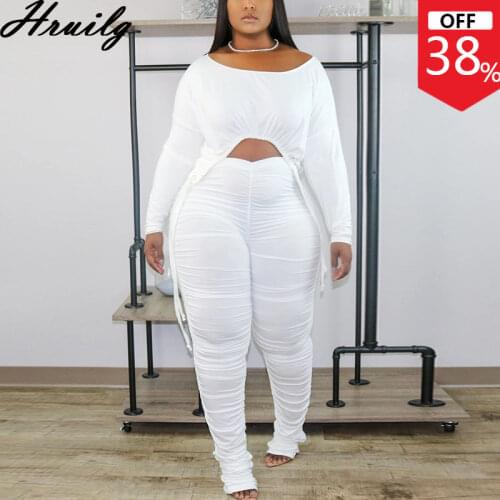 Wholesale Fashion Lounge Set Long Sleeve Crop Tops&ruched Long Pants Solid 2 Piece Set Plus Size Casual Womens Clothing Set