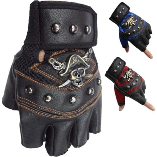 JIAZHOUHU Skulls Rivet PU Leather Fingerless Gloves Men Women Fashion Hip Hop Womens Gym Gloves Half Finger Mens Gloves