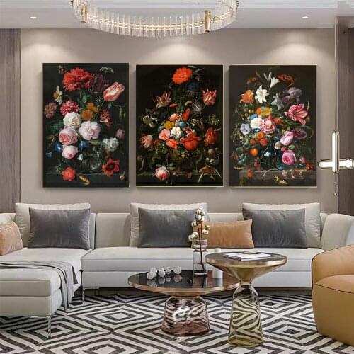 Flowers in a glass vase Nordic art poster and European vintage canvas painting wall decoration still life