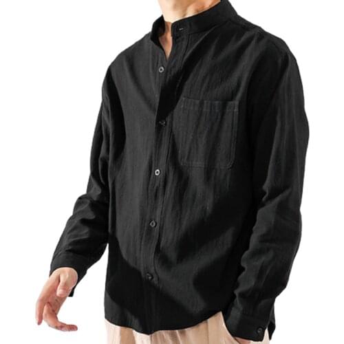 Men Solid Color Pocket Stand Collar Buttons Shirt Top Cotton Linen Loose Coat