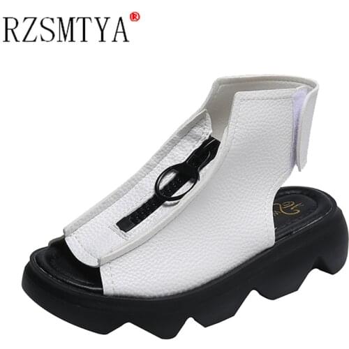Thick Soled Leather Sandals Womens Front Zipper 2021 Summer High Velcro Fish Mouth Sandals Full Leather Inside Outside