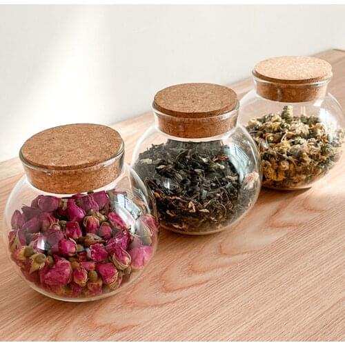 Spherical Glass Food Storage Container with Cork Lids, Large Capacity Sealed Glass Bottles, Pot Jar for Kitchen Organizer