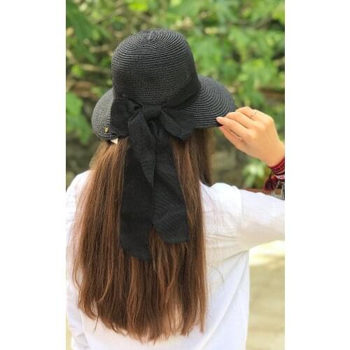 2021 Summer Women Big Bow Sun Black Bow Hat Style Vintage Design Wide Side Straw Hat Solid Color Anti-UV Holiday Beach Hat