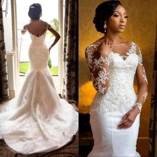 African Elegant Mermaid Long Wedding Dresses Long Sleeves Lace Appliqued Wedding Bridal Gowns Corset Back
