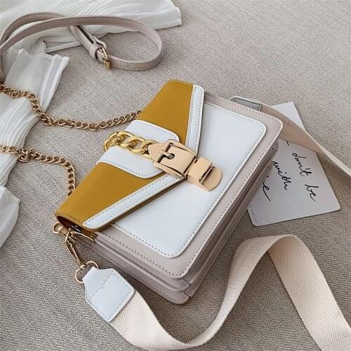 Contrast color PU Leather Crossbody Bags For Women 2021 Small Ladies Handbag Wide strap Shoulder Messenger Bag chain Sling bag