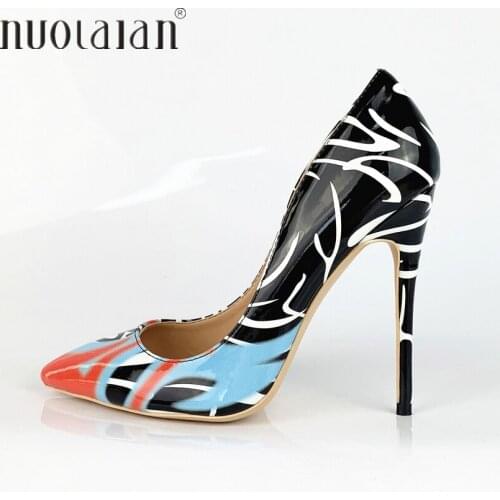 Flame Printed Patent Leather High Heels Women Pumps Pointed Toe Female Party Wedding Shoes Woman 2019 Spring New Plus Size 35-42
